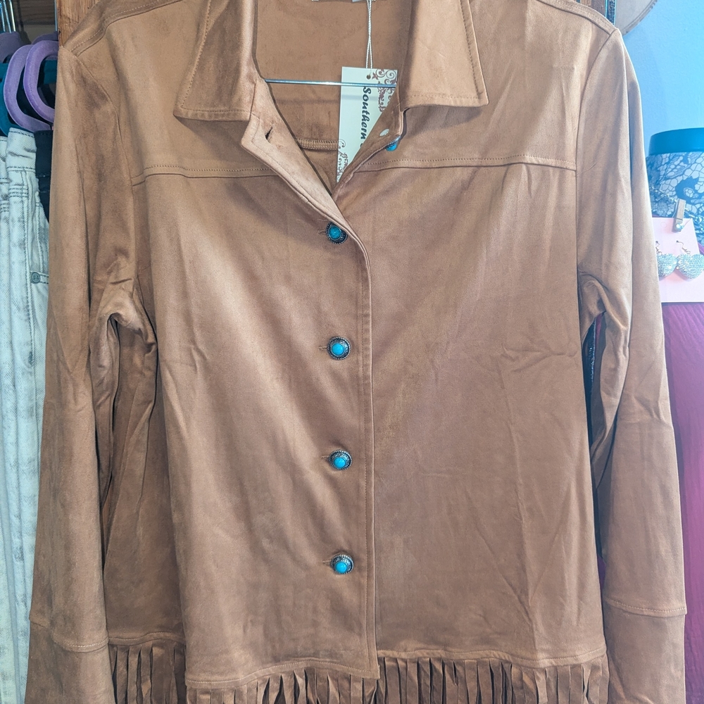 Elegant Tan Faux Suede Jacket with Fringe and Turquoise Fashion Buttons